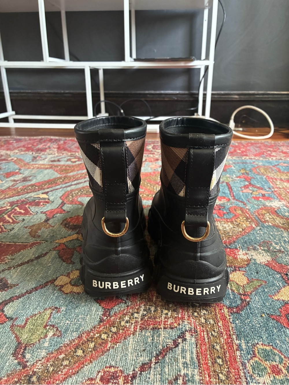 Burberry Black Rubber Ankle Boots with Vintage Check Cuff - Picture 3 of 5